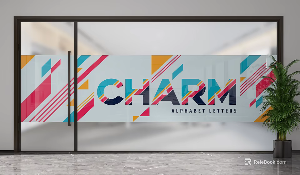 Colorful Glass Partition With Geometric Patterns And CHARM Alphabet Letters Decor 3d model 