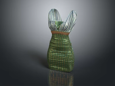 Green Woven Striped Dress With V Neck Design And Waist Detail 3d model