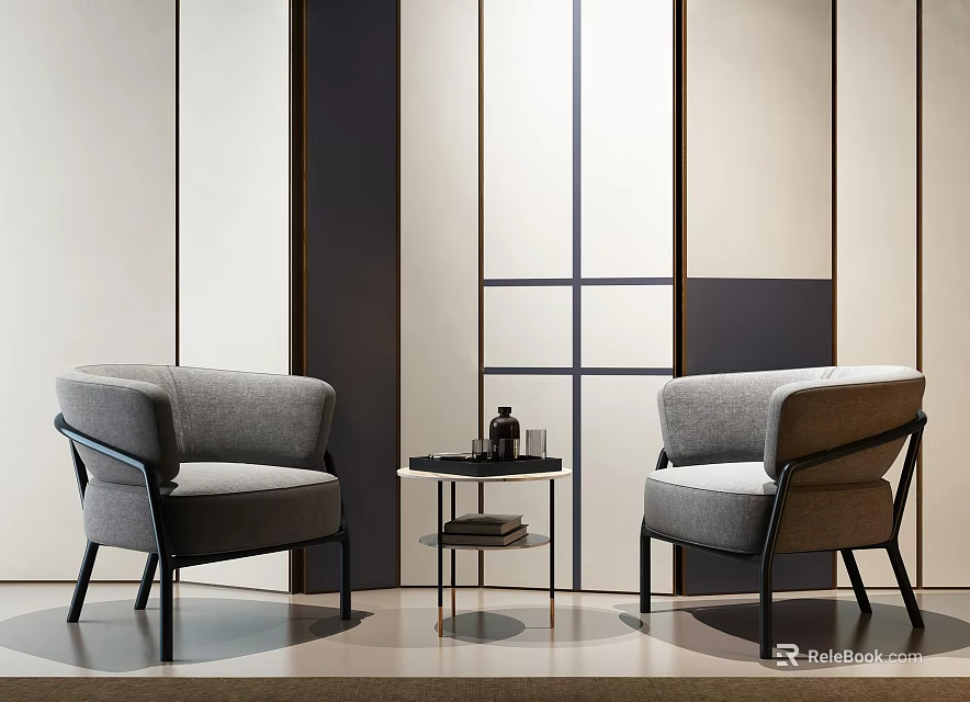 Gray Casual Sofa Set With Modern Design Side Table And Geometric Wall Panels 3d model