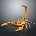 Yellow And Green Scorpion With Long Tail Large Pincers Shiny Exoskeleton On Gray Background