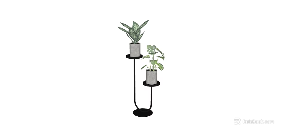 Bonsai Potted Plants on Black Multi tiered Stand with Gray Pots and Green Leaves 3d model 