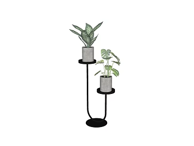 Bonsai Potted Plants on Black Multi tiered Stand with Gray Pots and Green Leaves 3d model