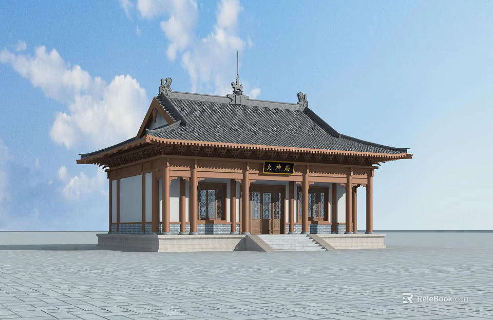 Traditional Chinese Ancient Architecture with Classic Curved Eaves Wooden Columns and Stone Steps 3d model 