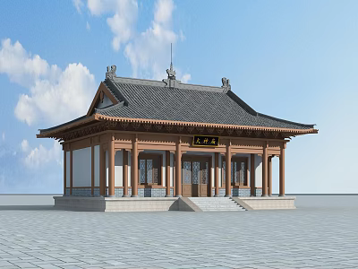 Traditional Chinese Ancient Architecture with Classic Curved Eaves Wooden Columns and Stone Steps 3d model