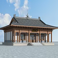 Traditional Chinese Ancient Architecture with Classic Curved Eaves Wooden Columns and Stone Steps