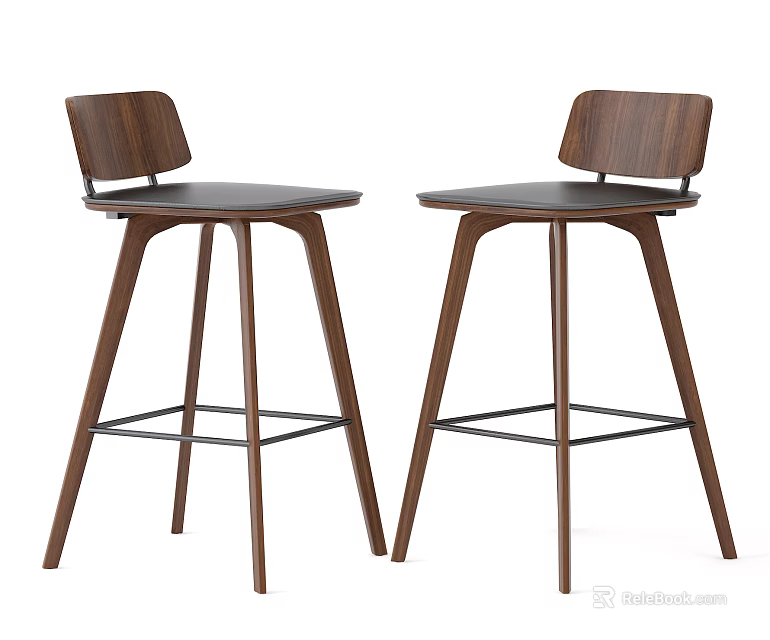 Two Modern Wooden Bar Stools With Ergonomic Backrest And Sturdy Slender Legs 3d model 