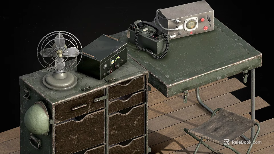 Vintage Office Desk With Old Fashioned Radio Telephone Fan And Cabinet Drawers 3d model 