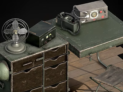 Vintage Office Desk With Old Fashioned Radio Telephone Fan And Cabinet Drawers 3d model