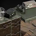 Vintage Office Desk With Old Fashioned Radio Telephone Fan And Cabinet Drawers