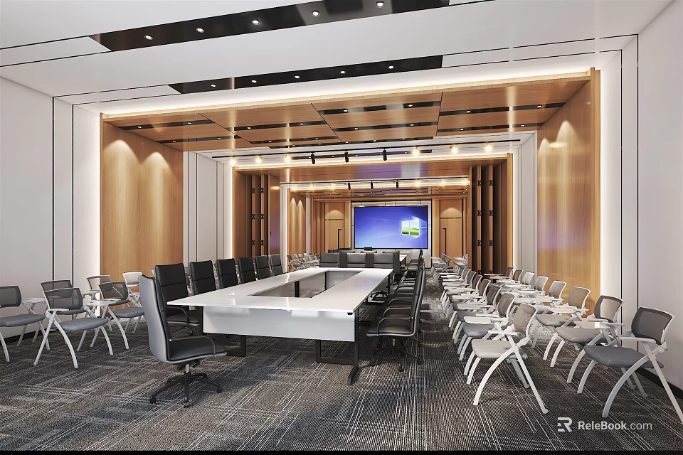Modern Conference Room With Long Table Multiple Chairs And Projection Screen 3d model