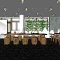 Traditional Teahouse Interior With Wooden Tables Stools Large Windows And Green Plants
