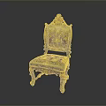 Ornate Classical Single Chair with Black Gold Upholstery Carved Legs and Floral Patterns