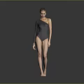 Woman in One Shoulder Black Bodysuit Standing in Full Length Pose Against Grey Studio Background