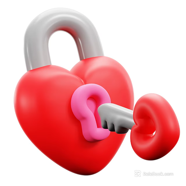 Red Heart Shaped Lock And Key Decorative Ornament Set With Pink Keyhole 3d model 