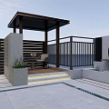 Rooftop Terrace Garden Landscape with Chinese Lantern Post Purple Flowers Outdoor Seating Stone Slab Flooring