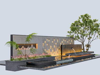 Landscape Feature Wall With Gray Geometric Patterns Green Plants Flowers Lighting And Water Pool 3d model