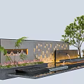 Landscape Feature Wall With Gray Geometric Patterns Green Plants Flowers Lighting And Water Pool