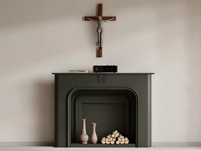 Green Fireplace Featuring Crucifix Above Mantel with Decorative Item Wood Stack and Vases 3d model