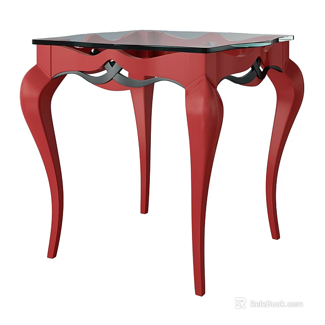 Red Side Table With Unique Curved Legs And Glass Top Design 3d model 