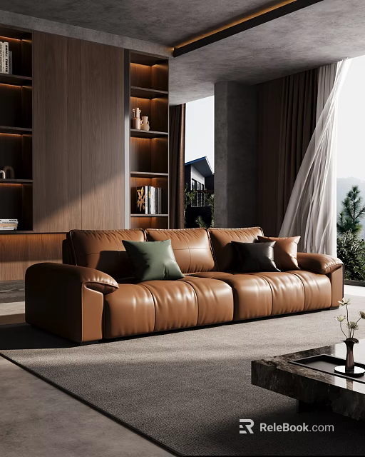 Modern Living Room Interior With Brown Leather Sofa Green Black Throw Pillows And Wooden Bookshelves 3d model 