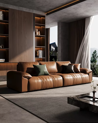 Modern Living Room Interior With Brown Leather Sofa Green Black Throw Pillows And Wooden Bookshelves 3d model