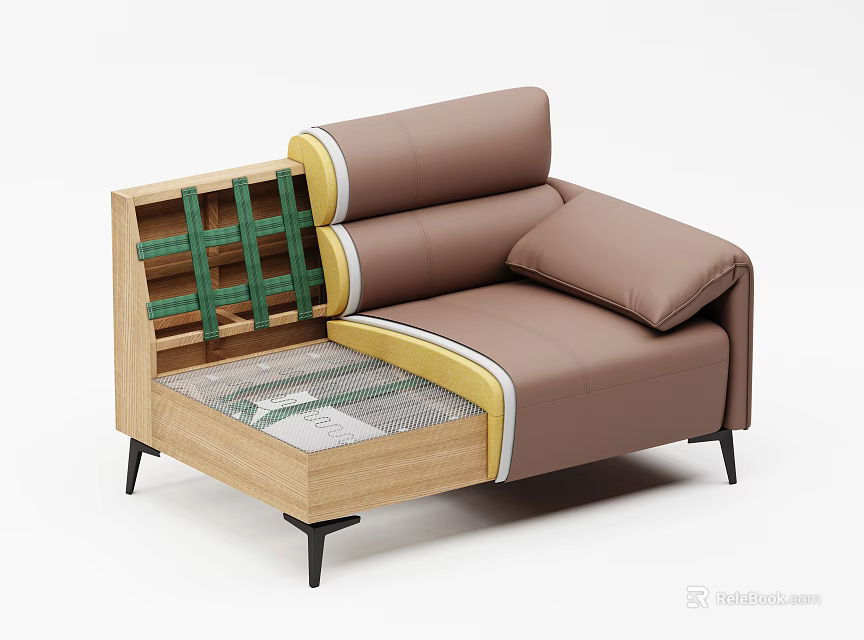 Multi Seater Sofa With Brown Leather Upholstery Green Frame Yellow Padding And Wooden Structure 3d model 