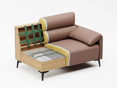 Multi Seater Sofa With Brown Leather Upholstery Green Frame Yellow Padding And Wooden Structure 3d model