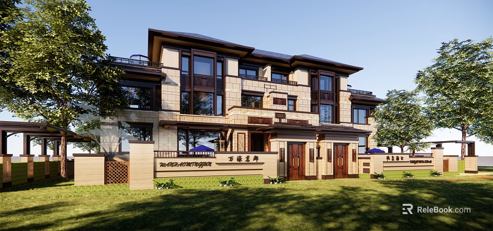 Semi Detached Villa Modern Chinese Exterior With Large Windows Wooden Doors Balconies And Green Lawn 3d model 