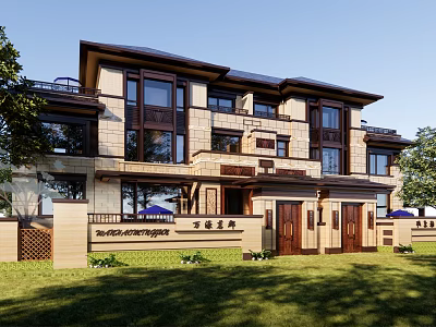 Semi Detached Villa Modern Chinese Exterior With Large Windows Wooden Doors Balconies And Green Lawn 3d model
