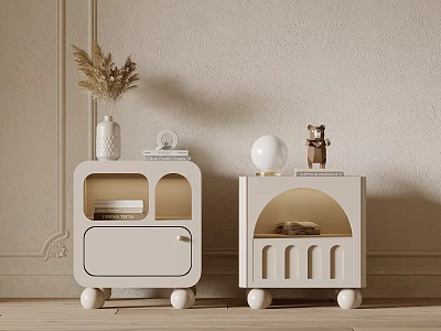 White Modern Cute Nightstands With Vase Dried Flowers Round Ball Lamp And Little Bear Figurine 3d model