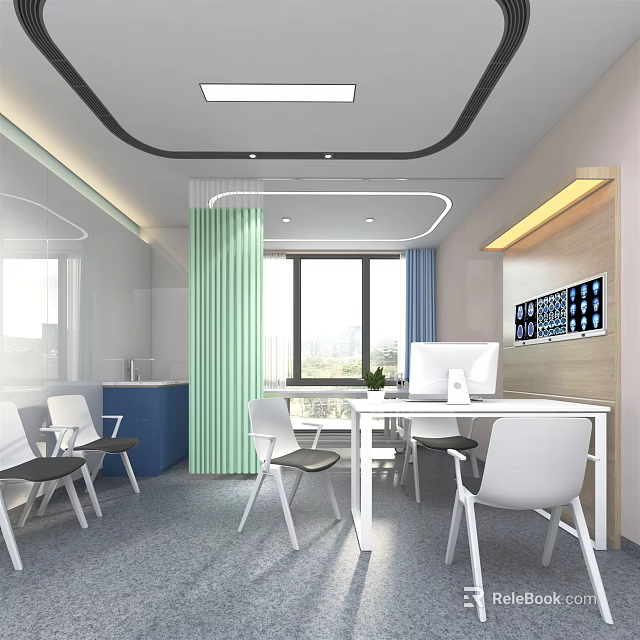 Modern Consultation Room Interior With White Chairs Tables Green Partition And Wall Screen 3d model 