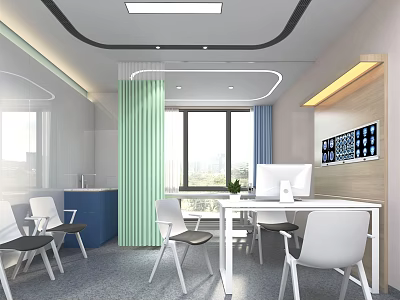 Modern Consultation Room Interior With White Chairs Tables Green Partition And Wall Screen 3d model