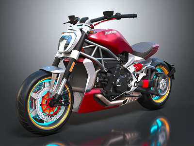 Ducati Motorcycle With Modern Red Body Black Seat And Colorful Metallic Wheels 3d model