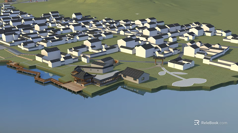 Ancient Architectural Village With Black White Roofs Near Water Wooden Plank Road And Green Grass 3d model 