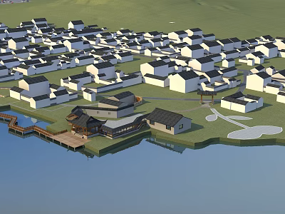 Ancient Architectural Village With Black White Roofs Near Water Wooden Plank Road And Green Grass 3d model