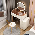 Modern Vanity Table with Gold Accents Marble Top Round Mirror Drawers and White Stool