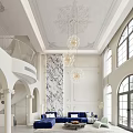 Spacious Duplex Living Room With Marble Accent Wall Crystal Chandeliers Arched Windows And Blue Sofa