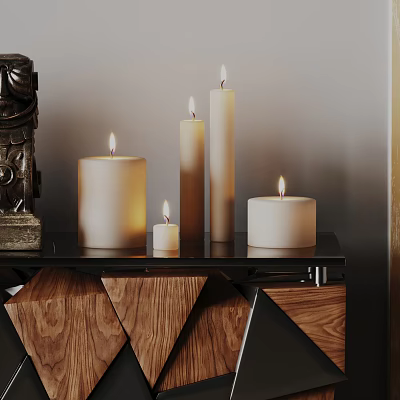 Candle Lamps Lit with Warm Light in Various Sizes on Modern Wooden Geometric Shelf 3d model