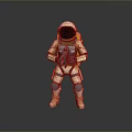 Astronaut In Spacesuit Holding Weapon Like Device On Gray Background With Reflective Ground