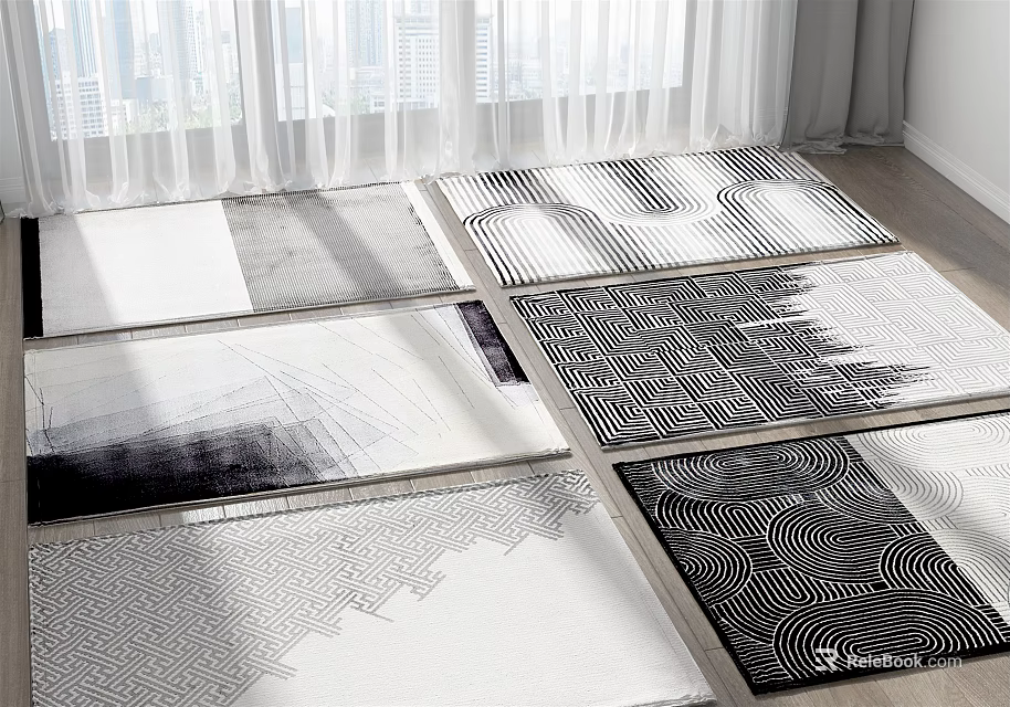 Square Rugs With Various Black And White Patterns Laid On Indoor Floor In Natural Light 3d model 