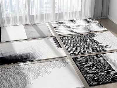 Square Rugs With Various Black And White Patterns Laid On Indoor Floor In Natural Light 3d model