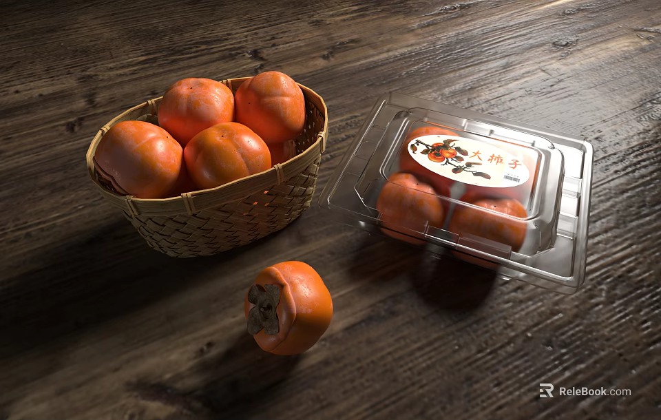 Fresh Persimmons in Wicker Basket and Clear Plastic Container on Wooden Tabletop 3d model 