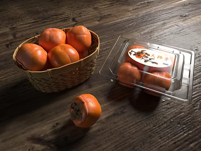 Fresh Persimmons in Wicker Basket and Clear Plastic Container on Wooden Tabletop 3d model