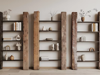 Rustic Wooden Storage Shelves With Multiple Shelves Decorative Vases Books And Ornaments 3d model