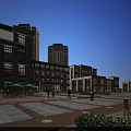 Modern Commercial Street With Pedestrian Square Fountains Shops And Evening Lighting
