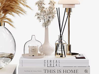 Elegant Decorative Ornament Collection With Vase Dried Flowers Lamp Diffuser Gold Accents And Books 3d model