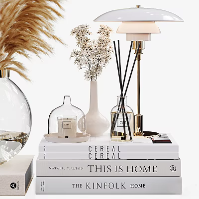 Elegant Decorative Ornament Collection With Vase Dried Flowers Lamp Diffuser Gold Accents And Books 3d model
