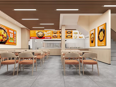 Modern Restaurant Kitchen Interior With Open Dining Area Tables Chairs Menu Posters And Wooden Ceiling 3d model