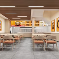 Modern Restaurant Kitchen Interior With Open Dining Area Tables Chairs Menu Posters And Wooden Ceiling