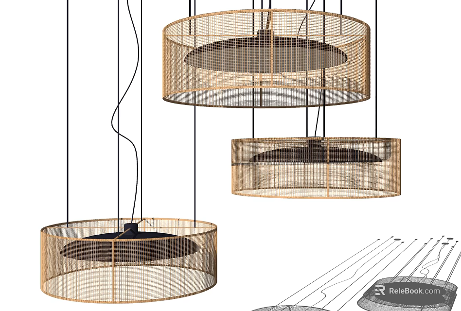Three Modern Circular Pendant Lights With Woven Design And Black Inner Structure 3d model